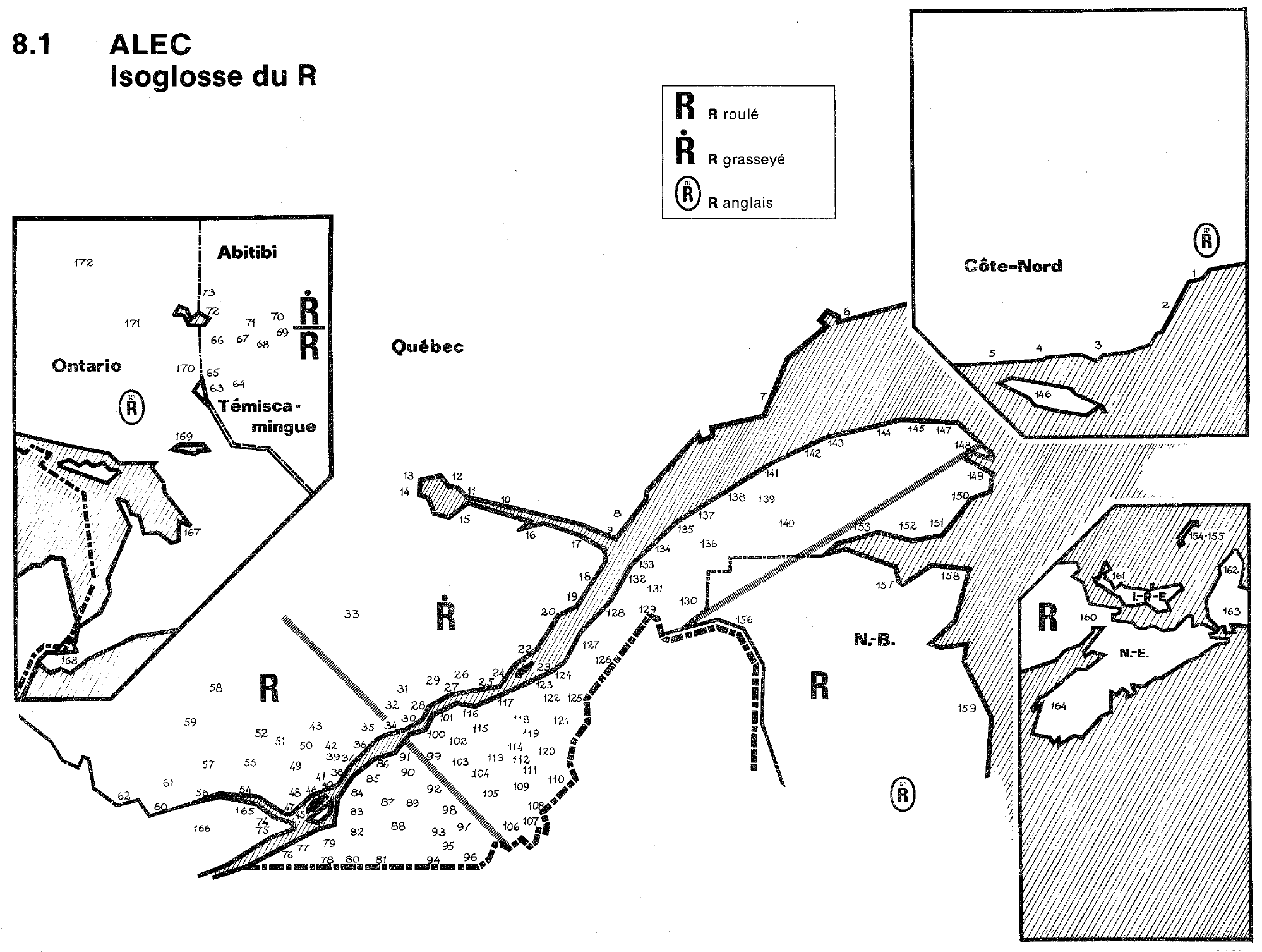 Carte tirée de l'Atlas linguistique de l'Est du Canada où l'on voit la distribution des différentes prononciations de la consonne R