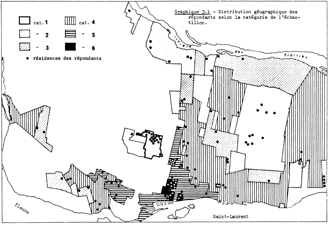 Répartition géographique des participantes et participants rencontrés pour la constitution du corpus Montréal 1971. Les zones francophones sont concentrées dans l'est de l'île de Montréal.